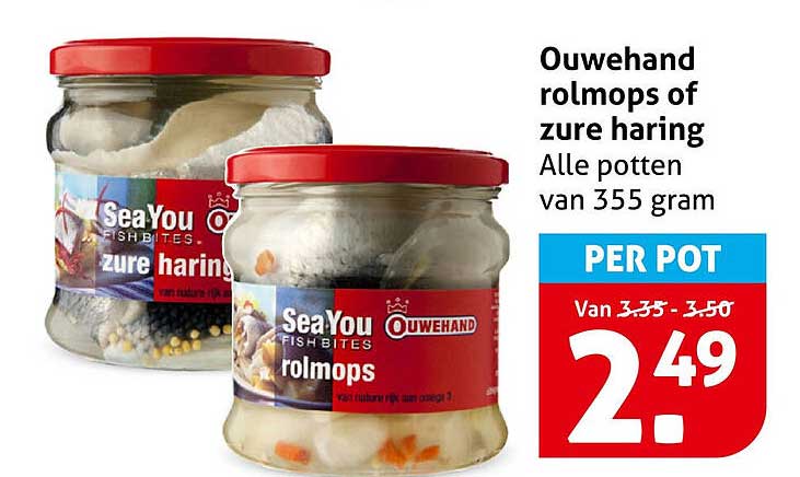 Ouwehand rolmops of zure haring Alle potten van 355 gram PER POT