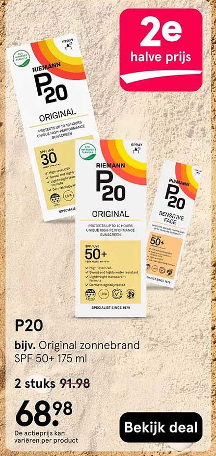 P20 bijv. Original zonnebbrand SPF 50+ 175 ml 2e halve prijs