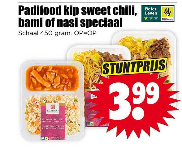 Padifood kip sweet chili, bami of nasi speciaal
