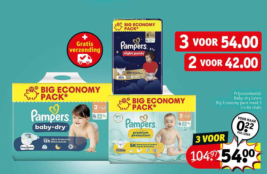 Pampers baby-dry, premium protection of night pants BIG ECONOMY PACK* 3 voor 54.00 2 voor 42.00