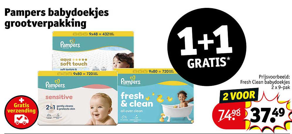 Pampers babydoekjes grootverpakking 1+1 GRATIS*