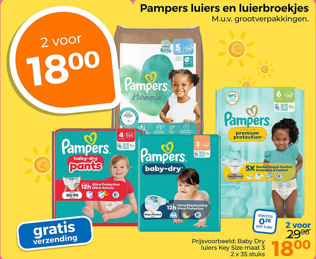 Pampers luiers en luierbroekjes M.u.v. grootverpakkingen.