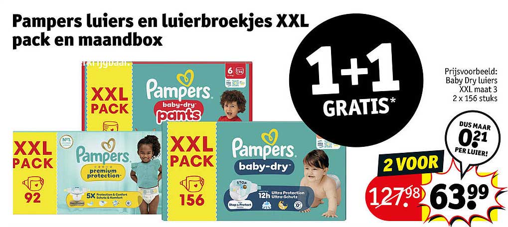 Pampers luiers en luiersbroekjes XXL pack en maandbox 1+1 gratis