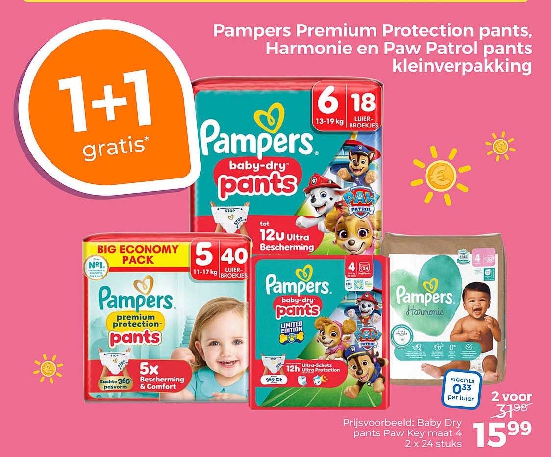 Pampers Premium Protection pants, Harmonie en Paw Patrol pants kleinverpakking 1+1 gratis