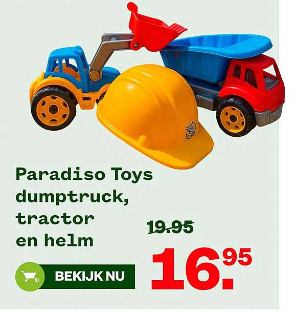 Paradiso Toys dumptruck, tractor en helm