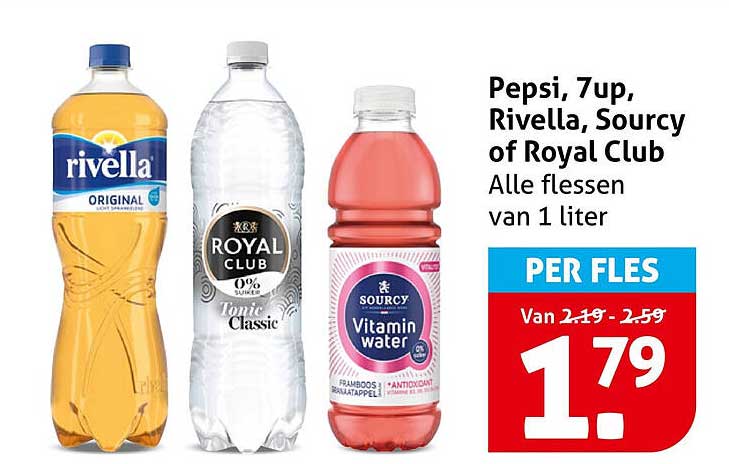Pepsi, 7up, Rivella, Sourcy of Royal Club Alle flessen van 1 liter PER FLES