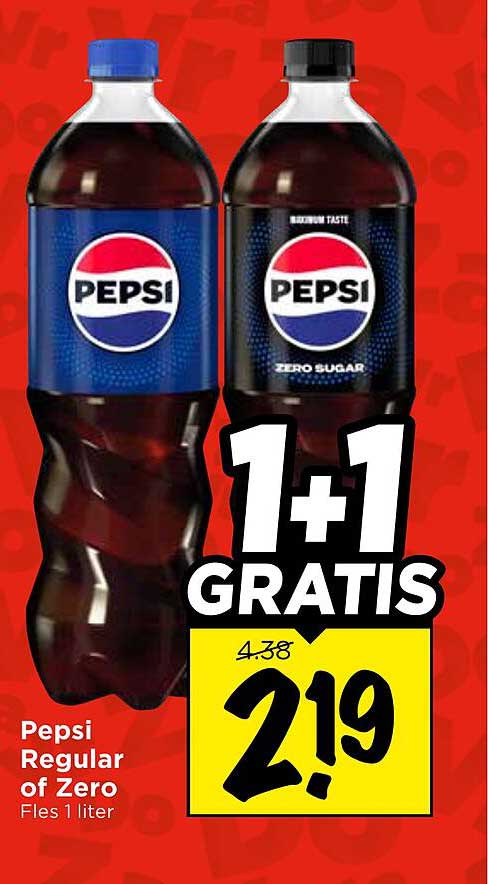 Pepsi Regular of Zero Fles 1 liter 1+1 gratis