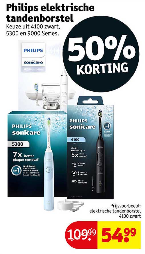 Philips elektrische tandenborstel Keuze uit 4100 zwart, 5300 en 9000 Series. 50% KORTING