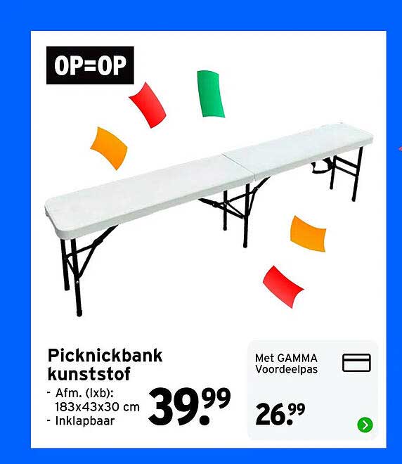 Picknickbank kunststof - Afm. (lxb): 183x43x30 cm - Inklapbaar