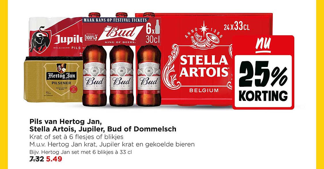 Pils van Hertog Jan, Stella Artois, Jupiler, Bud of Dommelsch 25% KORTING