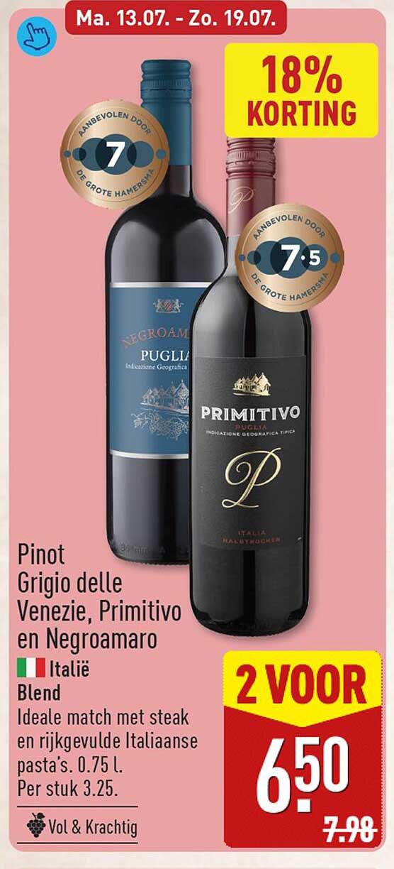 Pinot Grigio delle Venezie, Primitivo en Negroamaro Italië Blend 2 voor 6,50