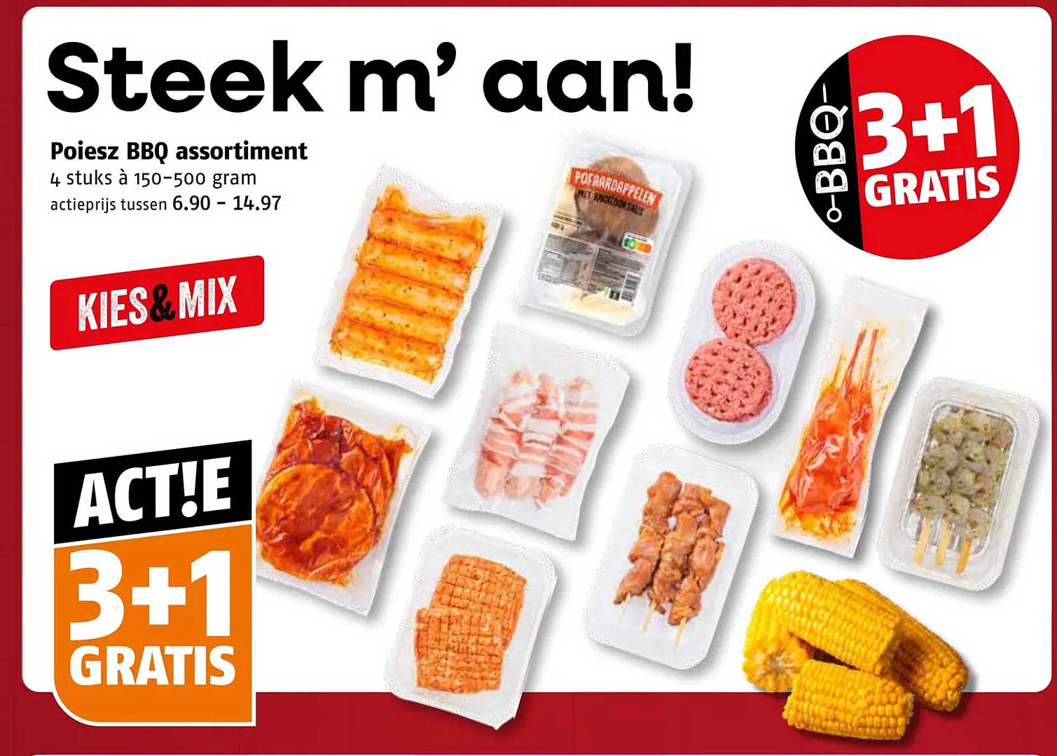 Poiesz BBQ assortiment 4 stuks à 150-500 gram ACTIE! 3+1 GRATIS