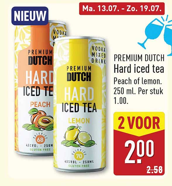 PREMIUM DUTCH Hard iced tea Peach of lemon. 250 ml. Per stuk 1.00. 2 VOOR