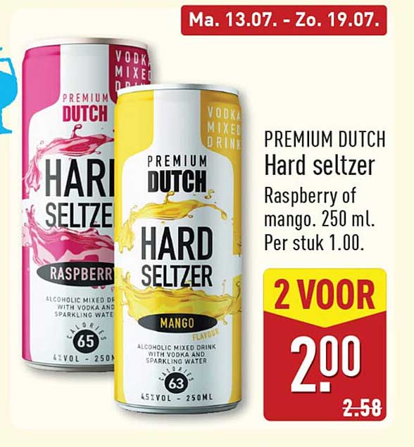 PREMIUM DUTCH Hard seltzer Raspberry of mango, 250 ml. Per stuk 1.00. 2 VOOR