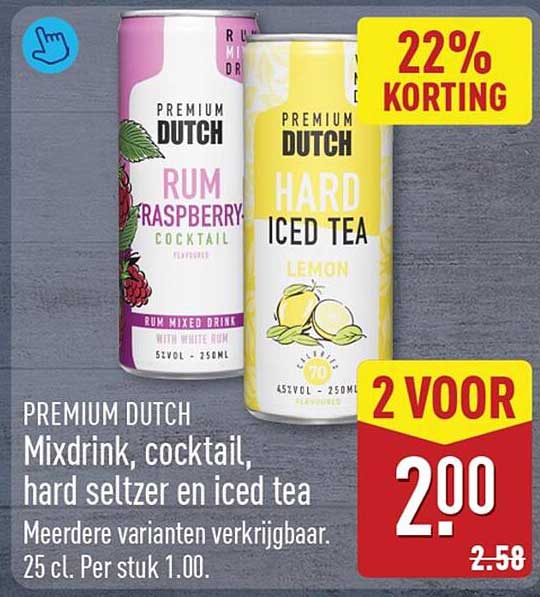 PREMIUM DUTCH Mixdrink, cocktail, hard seltzer en iced tea