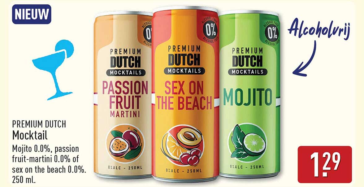Premium Dutch Mocktail Mojito 0.0%, passion fruit-martini 0.0% of sex on the beach 0.0%. 250 ml.