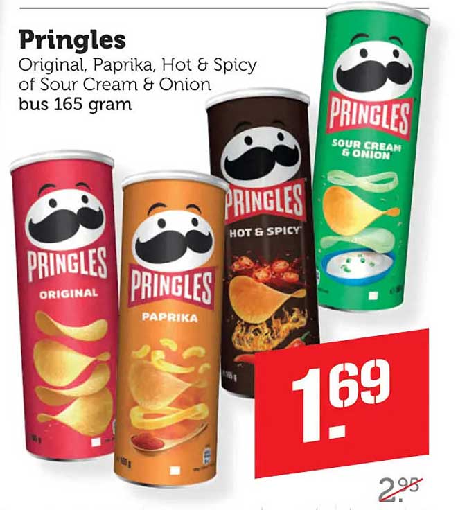 Pringles Original, Paprika, Hot & Spicy of Sour Cream & Onion bus 165 gram