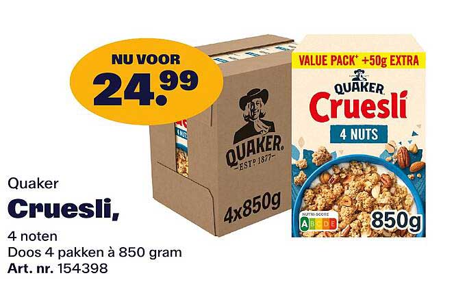 Quaker Cruesli, 4 noten Doos 4 pakken à 850 gram