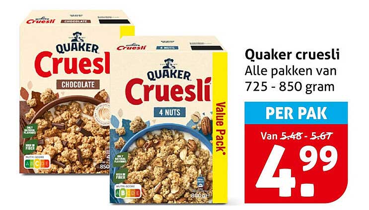 Quaker cruesli Alle pakken van 725 - 850 gram PER PAK