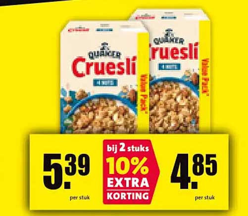 Quaker Cruesli bij 2 stuks 10% extra korting