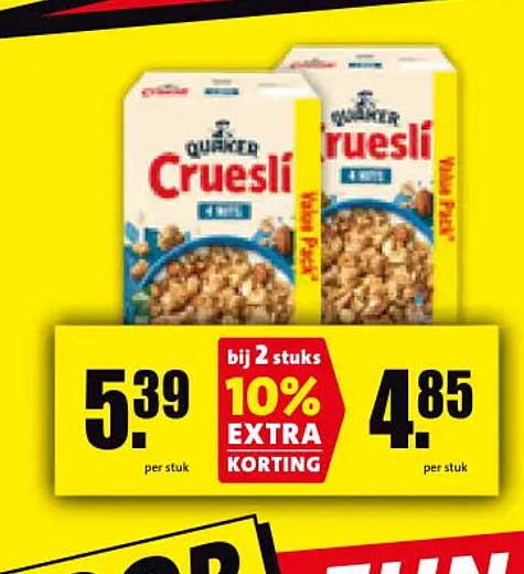 Quaker Cruesli bij 2 stuks 10% extra korting