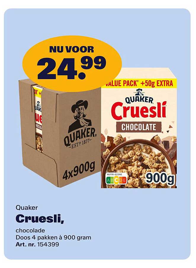 Quaker Cruesli, chocolade Doos 4 pakken à 900 gram