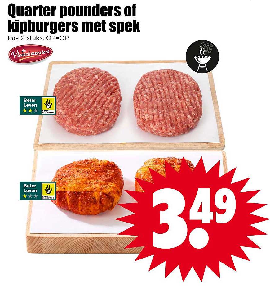 Quarter pounders of kipburgers met spek