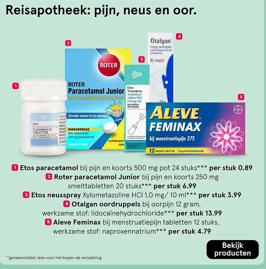 Reisapotheek: pijn, neus en oor.