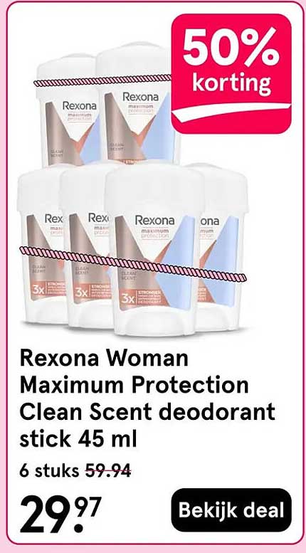Rexona Woman Maximum Protection Clean Scent deodorant stick 45 ml 50% korting