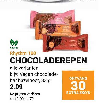 Rhythm 108 CHOCOLADEREPEN alle varianten bijv: Vegan chocolade-bar hazelnoot, 33 g ONTVANG 30 EXTRA EKO'S