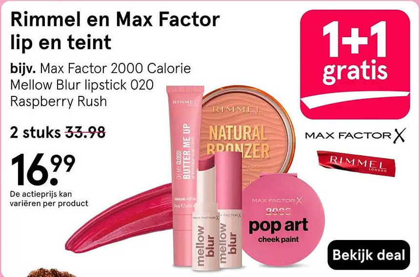 Rimmel en Max Factor lip en teint 1+1 gratis