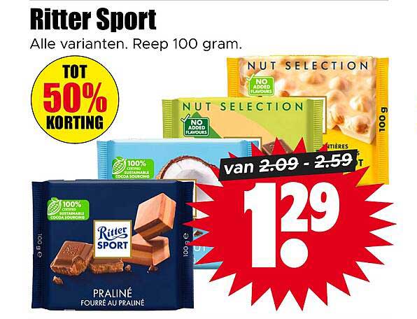 Ritter Sport Alle varianten. Reep 100 gram. TOT 50% KORTING