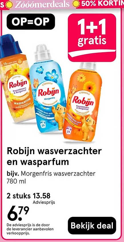 Robijn wasverzachter en wasparfum 1+1 gratis