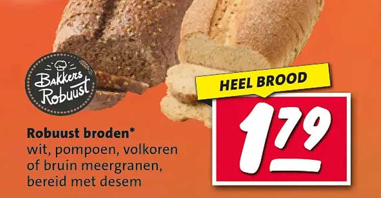 Robuust broden* wit, pompoen, volkoren of bruin meergranen, bereid met desem HEEL BROOD