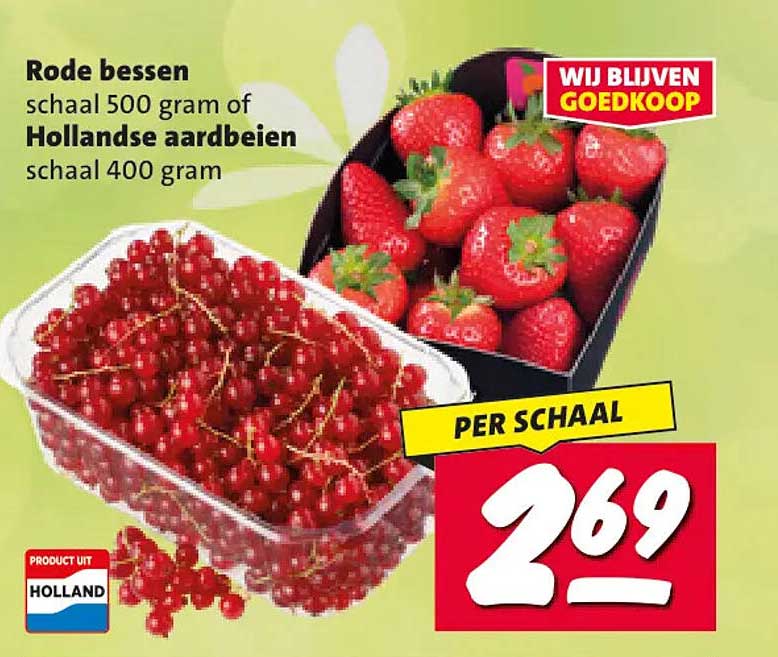 Rode bessen schaal 500 gram of Hollandse aardbeien schaal 400 gram