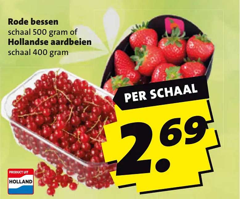 Rode bessen schaal 500 gram of Hollandse aardbeien schaal 400 gram PER SCHAAL