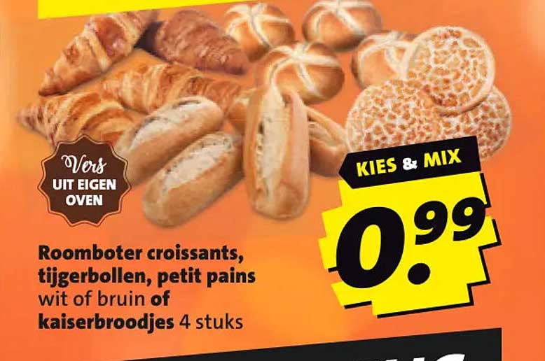 Roomboter croissants, tijgerbollen, petit pains wit of bruin of kaiserbroodjes 4 stuks KIES & MIX