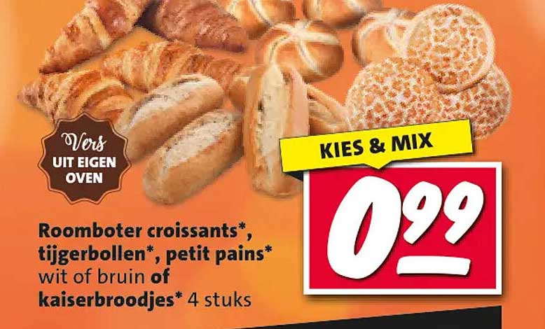 Roomboter croissants*, tijgerbollen*, petit pains* wit of bruin of kaiserbroodjes* 4 stuks KIES & MIX