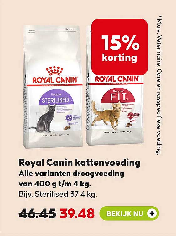 Royal Canin kattenvoeding Alle varianten droogvoeding van 400 g t/m 4 kg. Bijv. Sterilised 37 4 kg. 15% korting