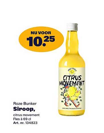 Roze Bunker Siroop. citrus movement Fles a 69 cl Art. nr. 134823