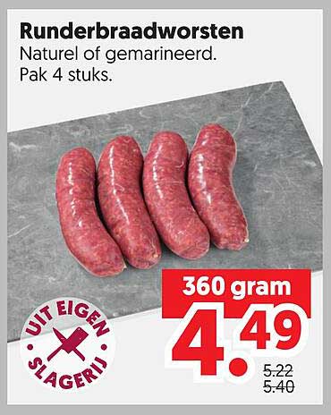 Runderbraadworsten Naturel of gemarineerd. Pak 4 stuks.
