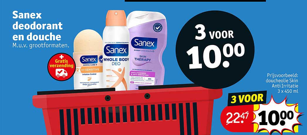 Sanex deodorant en douche M.u.v. grootformaten. 3 voor 10.00