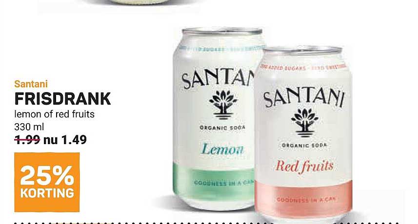 Santani frisdrank lemon of red fruits 330 ml 25% korting