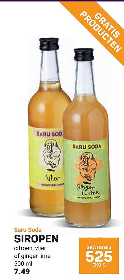 Saru Soda siropen citroen, vlier of ginger lime 500 ml gratis bij 525 EKO's