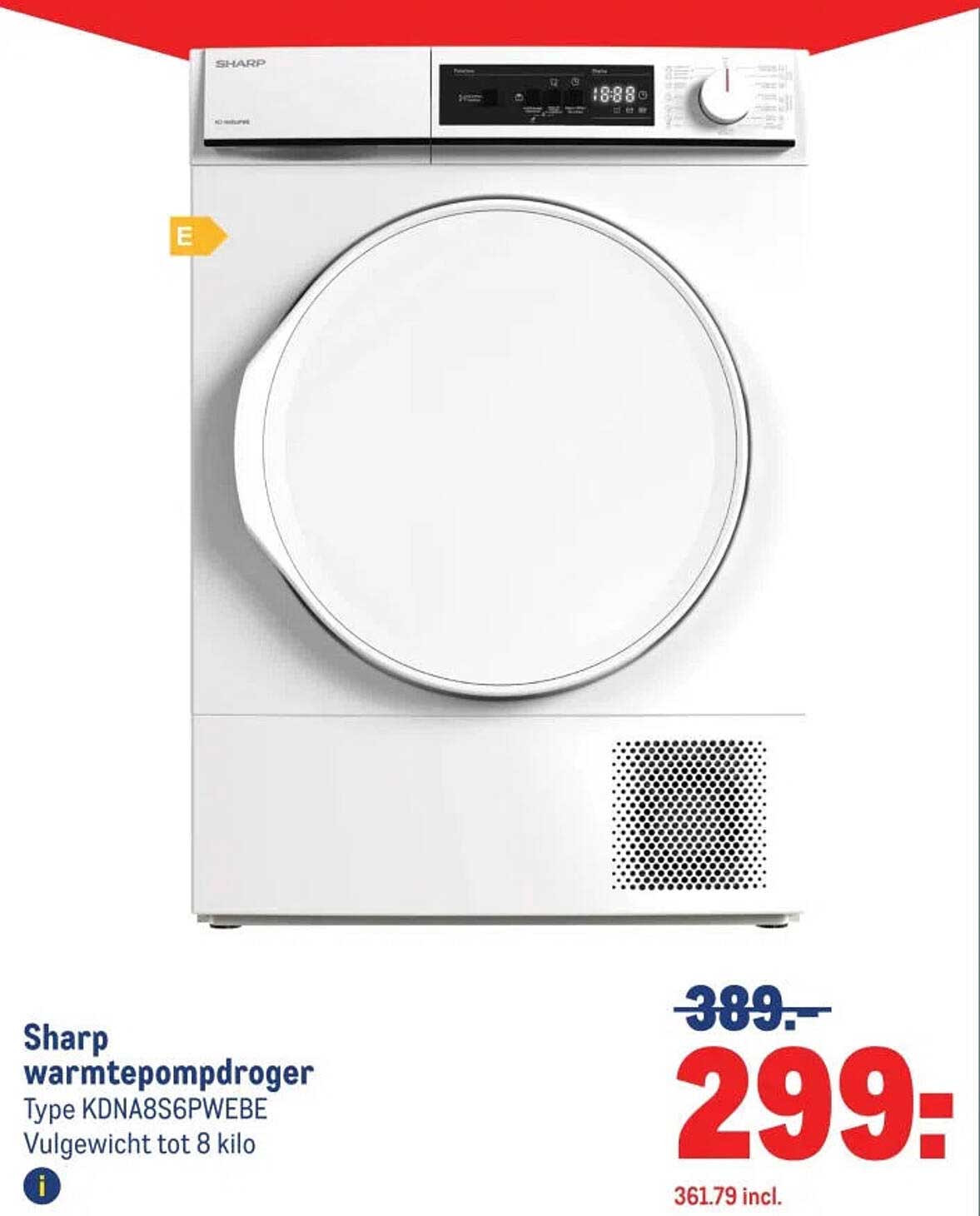 Sharp warmtepompdroger Type KDNA8S6PWEBE Vulgewicht tot 8 kilo