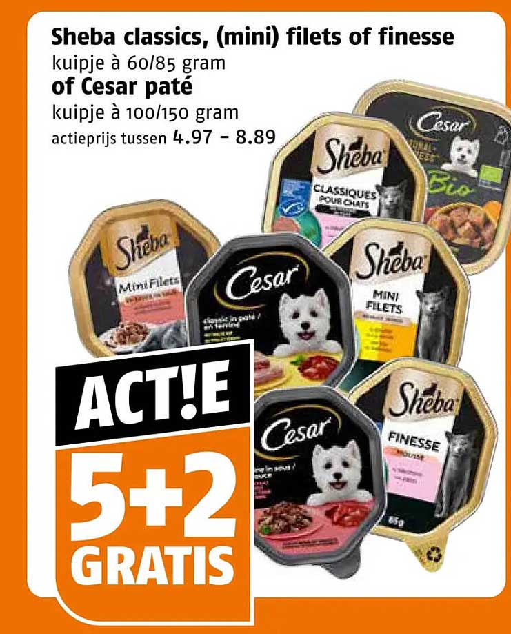 Sheba classics, (mini) filets of finesse kuipje à 60/85 gram of Cesar paté kuipje à 100/150 gram 5+2 GRATIS