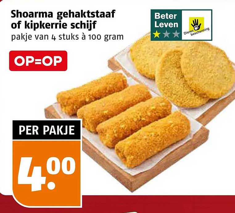 Shoarma gehaktstaaf of kipkerrie schijf pakje van 4 stuks à 100 gram OP=OP