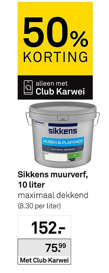 Sikkens muurverf, 10 liter maximaal dekkend 50% korting alleen met Club Karwei