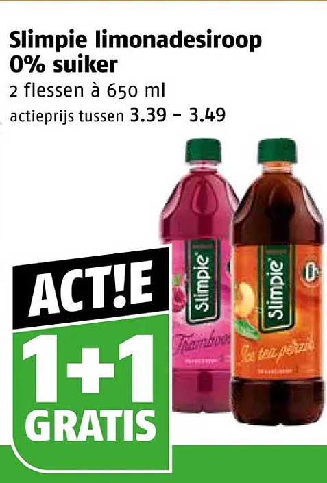 Slimpie limonadesiroop 0% suiker 2 flessen à 650 ml 1+1 GRATIS