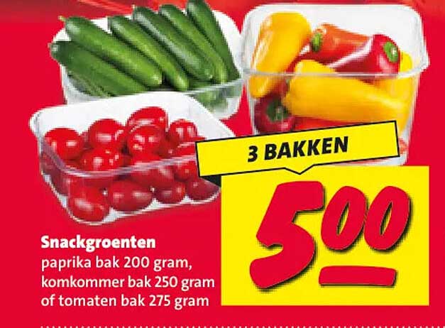 Snackgroenten paprika bak 200 gram, komkommer bak 250 gram of tomaten bak 275 gram 3 bakken